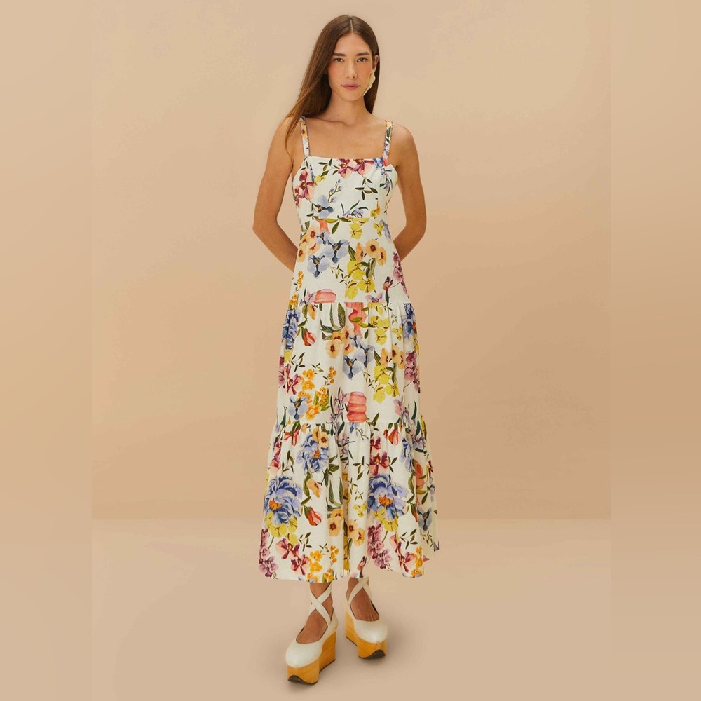Farm Rio Off-White Greek Garden Tiered Maxi Dress